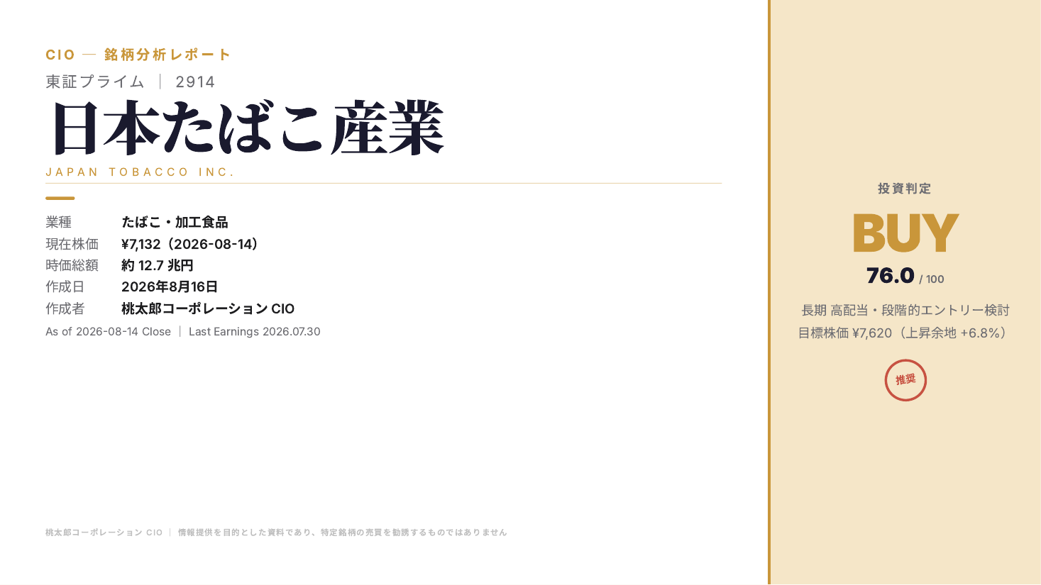 日本たばこ産業(2914)2026年12月期 中間期 銘柄分析 スライド1